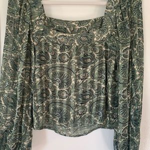 Olive Green & Blue Patterned Square Neck Blouse